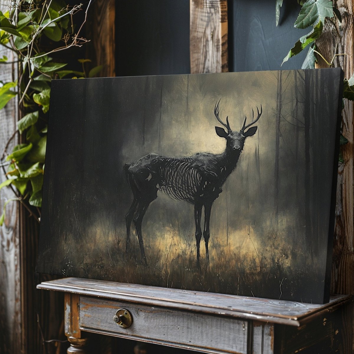 Skeletal Stag Canvas Print – Gothic Mystical Deer in a Haunted Forest Setting - Everything Pixel