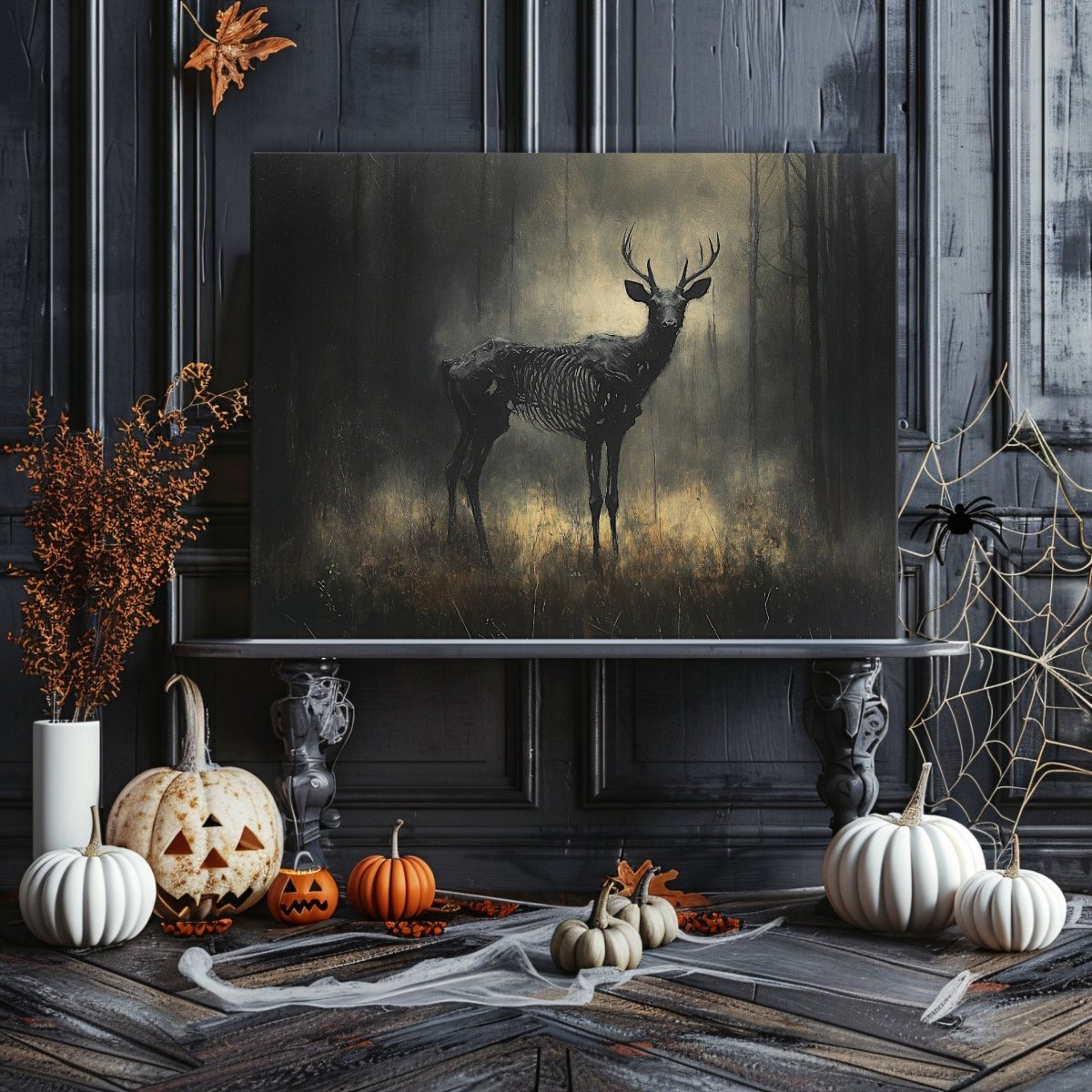 Skeletal Stag Canvas Print – Gothic Mystical Deer in a Haunted Forest Setting - Everything Pixel
