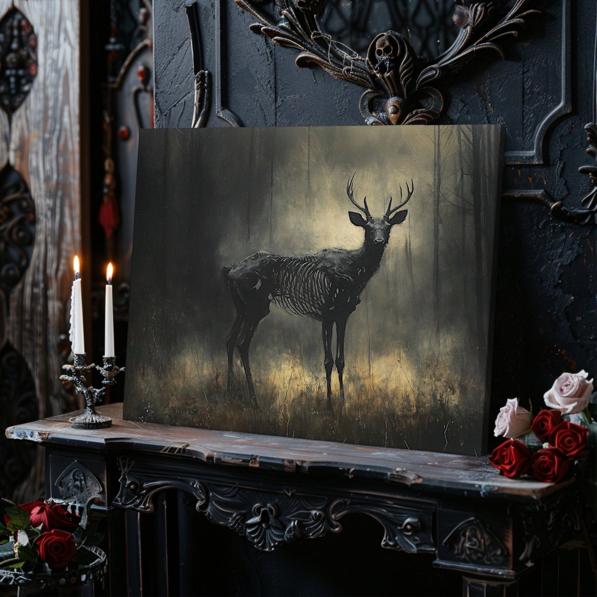 Skeletal Stag Canvas Print – Gothic Mystical Deer in a Haunted Forest Setting - Everything Pixel