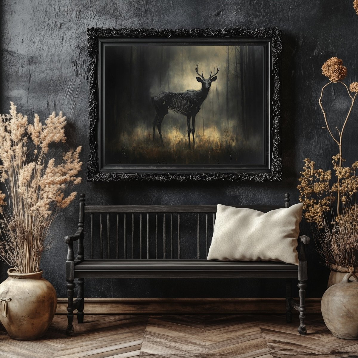 Skeletal Stag Wall Art Print – Dark Gothic Forest Scene with Mystical, Macabre Atmosphere - Everything Pixel