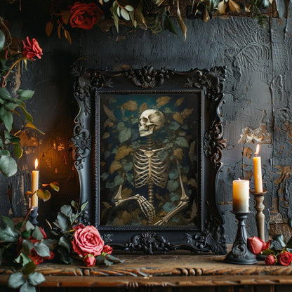 Skeleton Wall Art Vintage Style Painting Dark Academia Print Gothic Botanical Moody Goth Decor Dark Cottagecore Aesthetic Room Paper Poster Prints - Everything Pixel