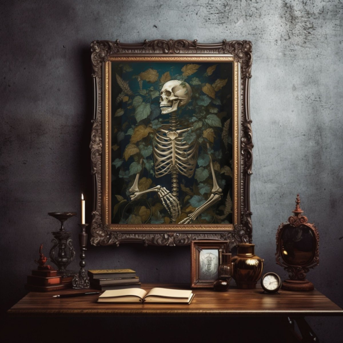 Skeleton Wall Art Vintage Style Painting Dark Academia Print Gothic Botanical Moody Goth Decor Dark Cottagecore Aesthetic Room Paper Poster Prints - Everything Pixel