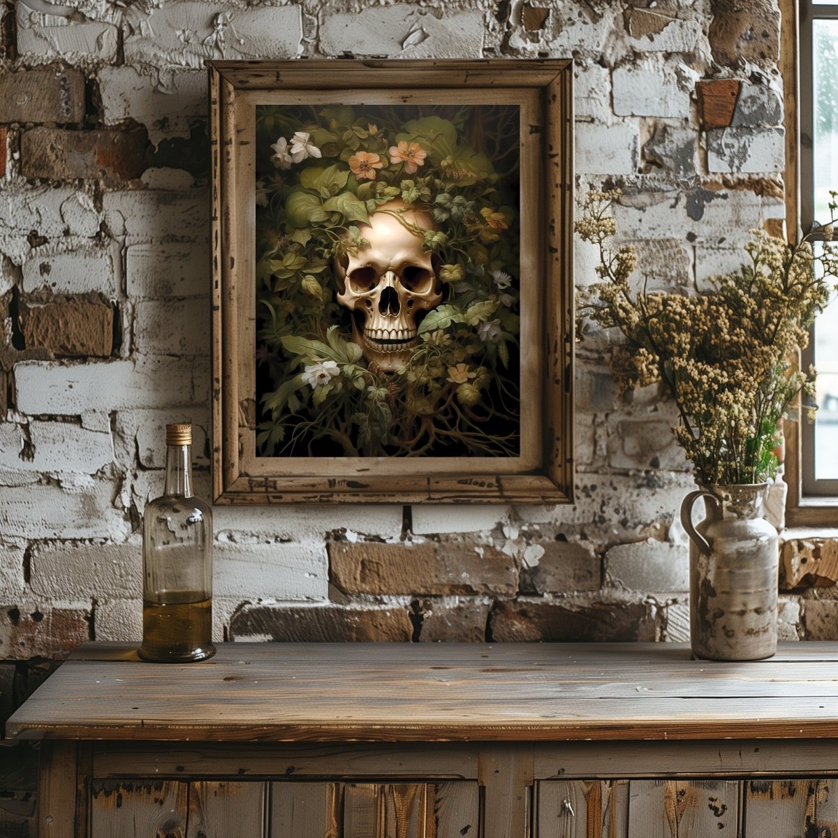 Skull and Flowers Paper Poster Prints Wall Art Dark Cottagecore Dark Academia Gothic Botanical Moody Goth Decor Dark Room Wall Decoration Witchy Art - Everything Pixel