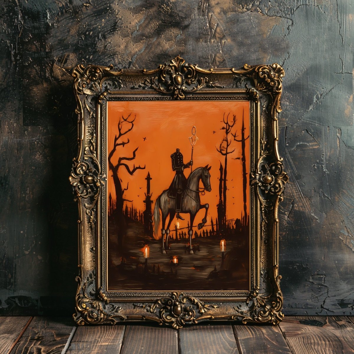 Sleepy Hollow Wall Art Vintage Halloween Oil Painting Witchy Decor Dark Cottagecore Gothic Orange and Black Halloween Decoration Paper Poster Print - Everything Pixel