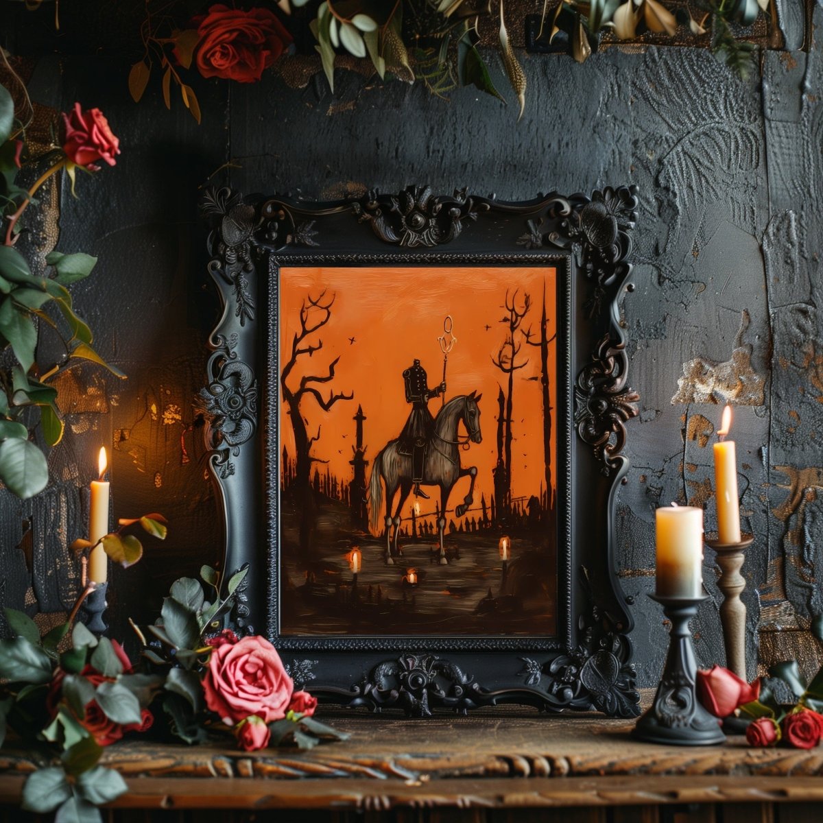 Sleepy Hollow Wall Art Vintage Halloween Oil Painting Witchy Decor Dark Cottagecore Gothic Orange and Black Halloween Decoration Paper Poster Print - Everything Pixel