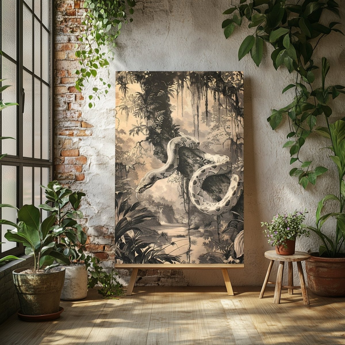 Snake in Jungle Canvas Print - Tropical Wildlife Serpent Art, Monochrome Vintage Jungle Decor - Everything Pixel