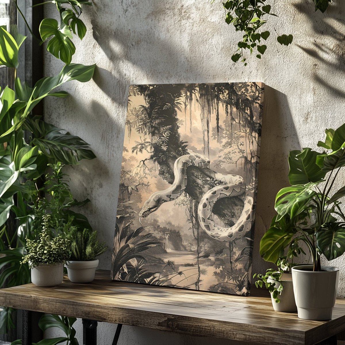 Snake in Jungle Canvas Print - Tropical Wildlife Serpent Art, Monochrome Vintage Jungle Decor - Everything Pixel