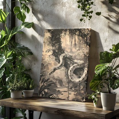 Snake in Jungle Canvas Print - Tropical Wildlife Serpent Art, Monochrome Vintage Jungle Decor - Everything Pixel