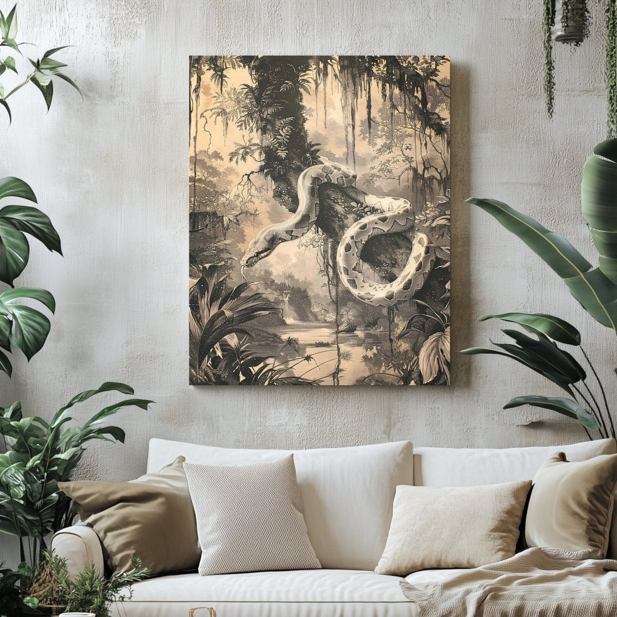 Snake in Jungle Canvas Print - Tropical Wildlife Serpent Art, Monochrome Vintage Jungle Decor - Everything Pixel