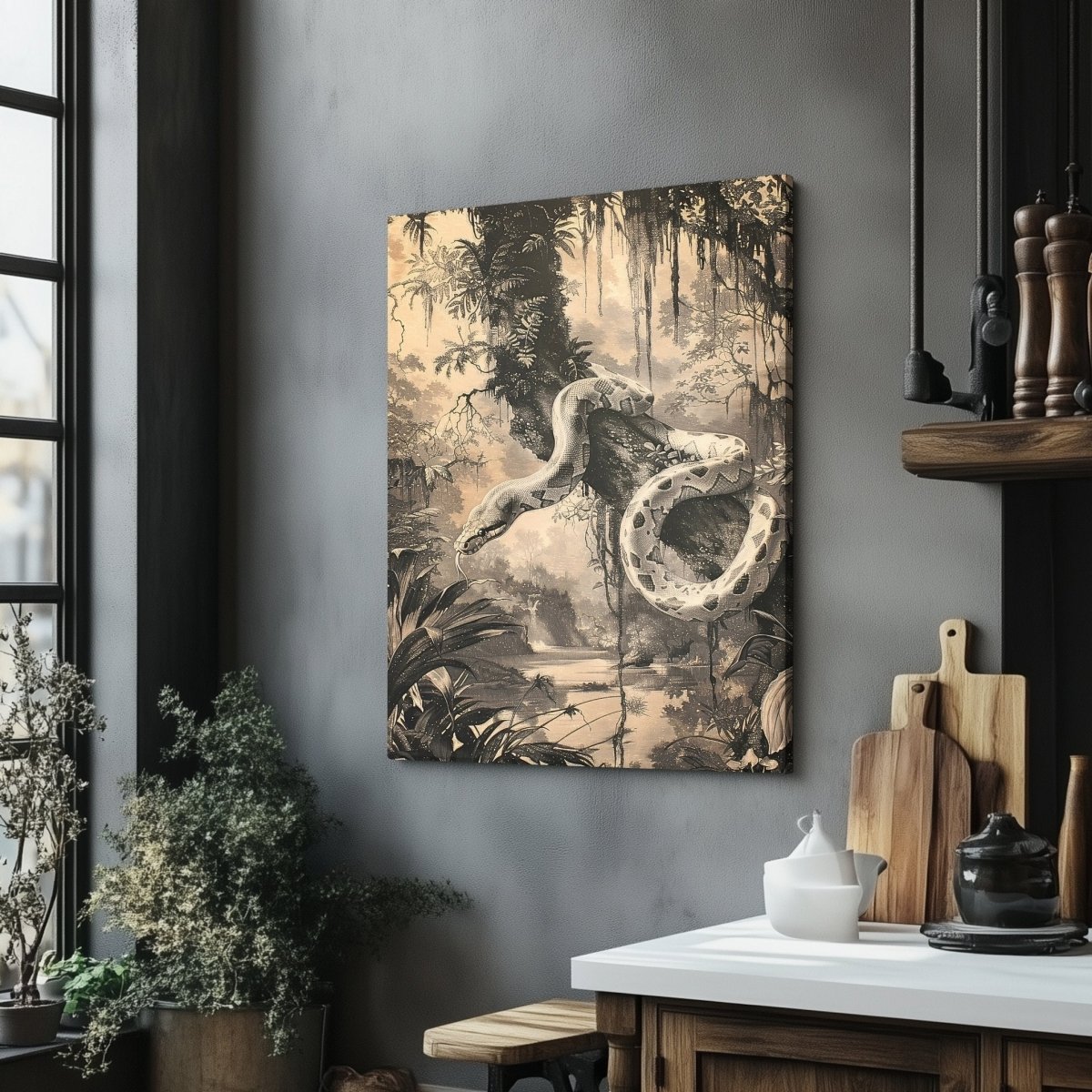 Snake in Jungle Canvas Print - Tropical Wildlife Serpent Art, Monochrome Vintage Jungle Decor - Everything Pixel