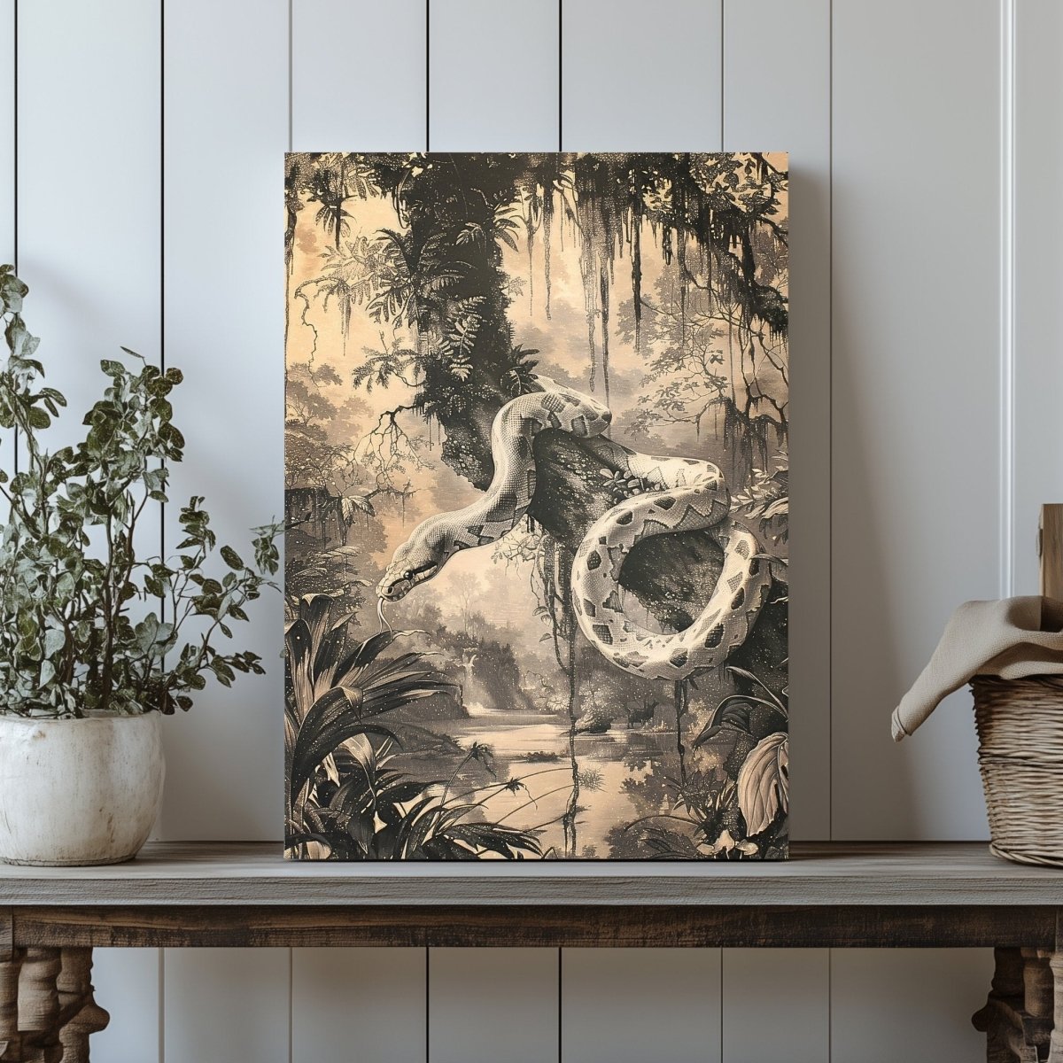 Snake in Jungle Canvas Print - Tropical Wildlife Serpent Art, Monochrome Vintage Jungle Decor - Everything Pixel