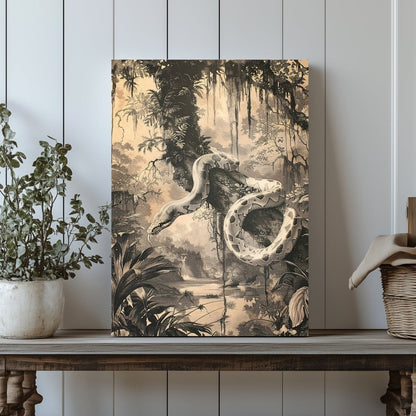Snake in Jungle Canvas Print - Tropical Wildlife Serpent Art, Monochrome Vintage Jungle Decor - Everything Pixel