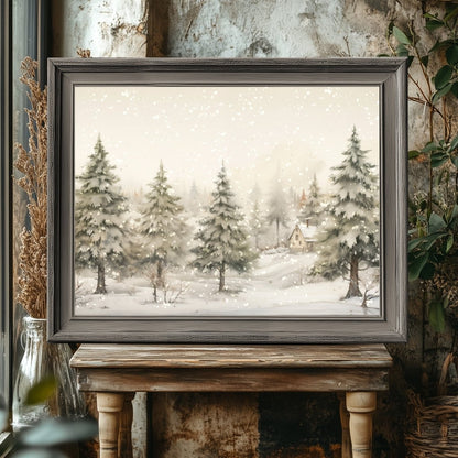 Snowy Winter Wall Art Vintage Winter Wonderland Artwork Enchanting Farmhouse Christmas Print Muted Winter Landscape Wall Art Paper Poster Print - Everything Pixel