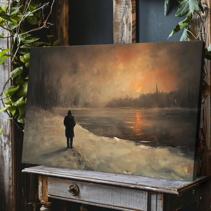 Solitary Winter Path Canvas Print – Man by Frozen River with Fiery Sunset and Church Spires, Winter Landscape - Everything Pixel