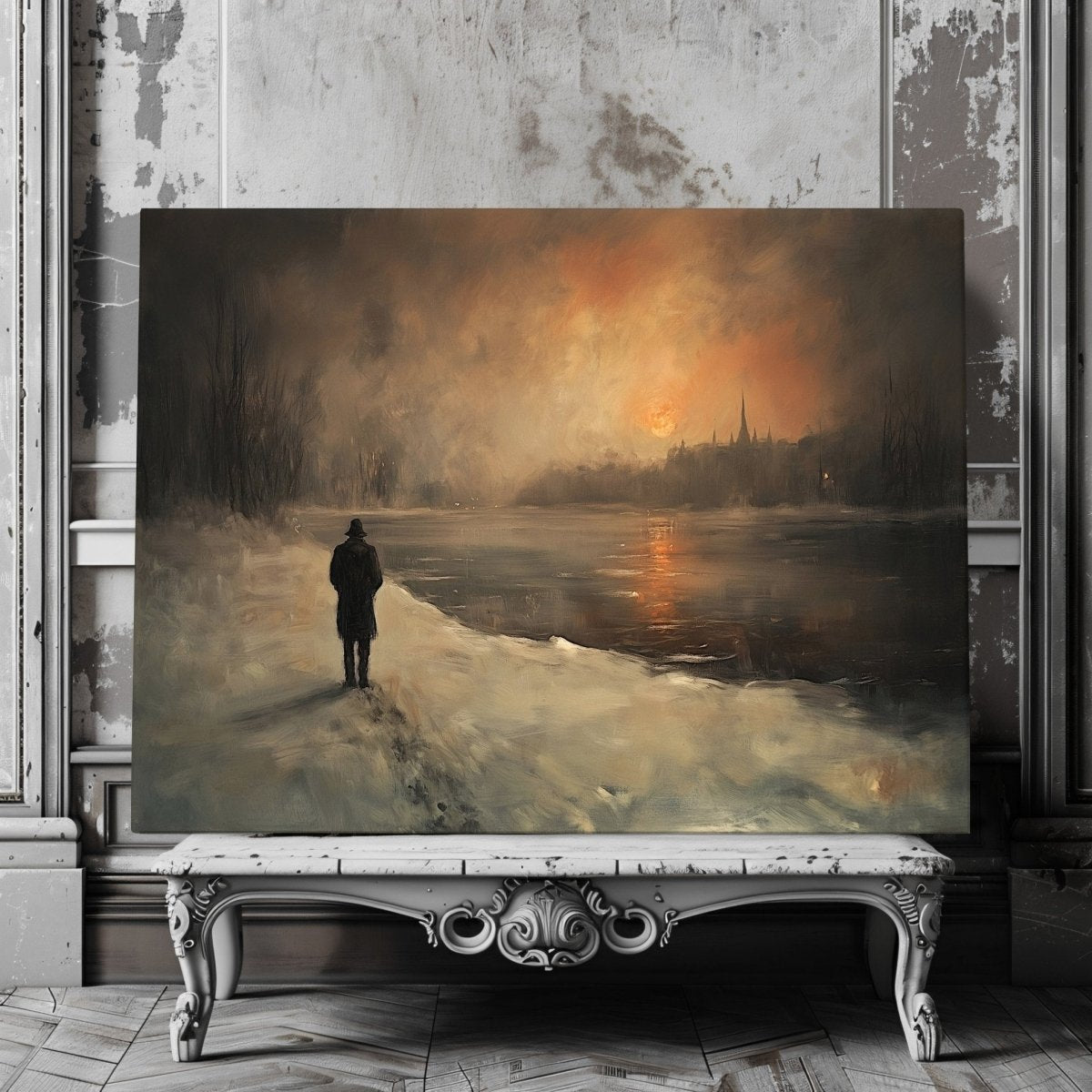 Solitary Winter Path Canvas Print – Man by Frozen River with Fiery Sunset and Church Spires, Winter Landscape - Everything Pixel