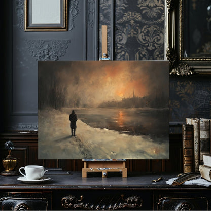 Solitary Winter Path Canvas Print – Man by Frozen River with Fiery Sunset and Church Spires, Winter Landscape - Everything Pixel