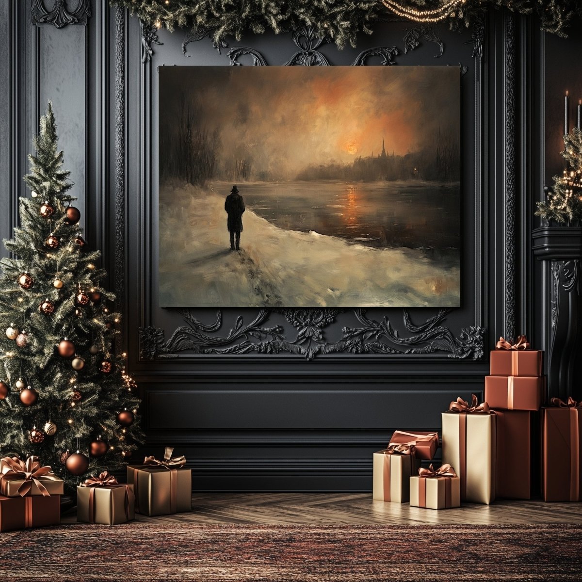 Solitary Winter Path Canvas Print – Man by Frozen River with Fiery Sunset and Church Spires, Winter Landscape - Everything Pixel