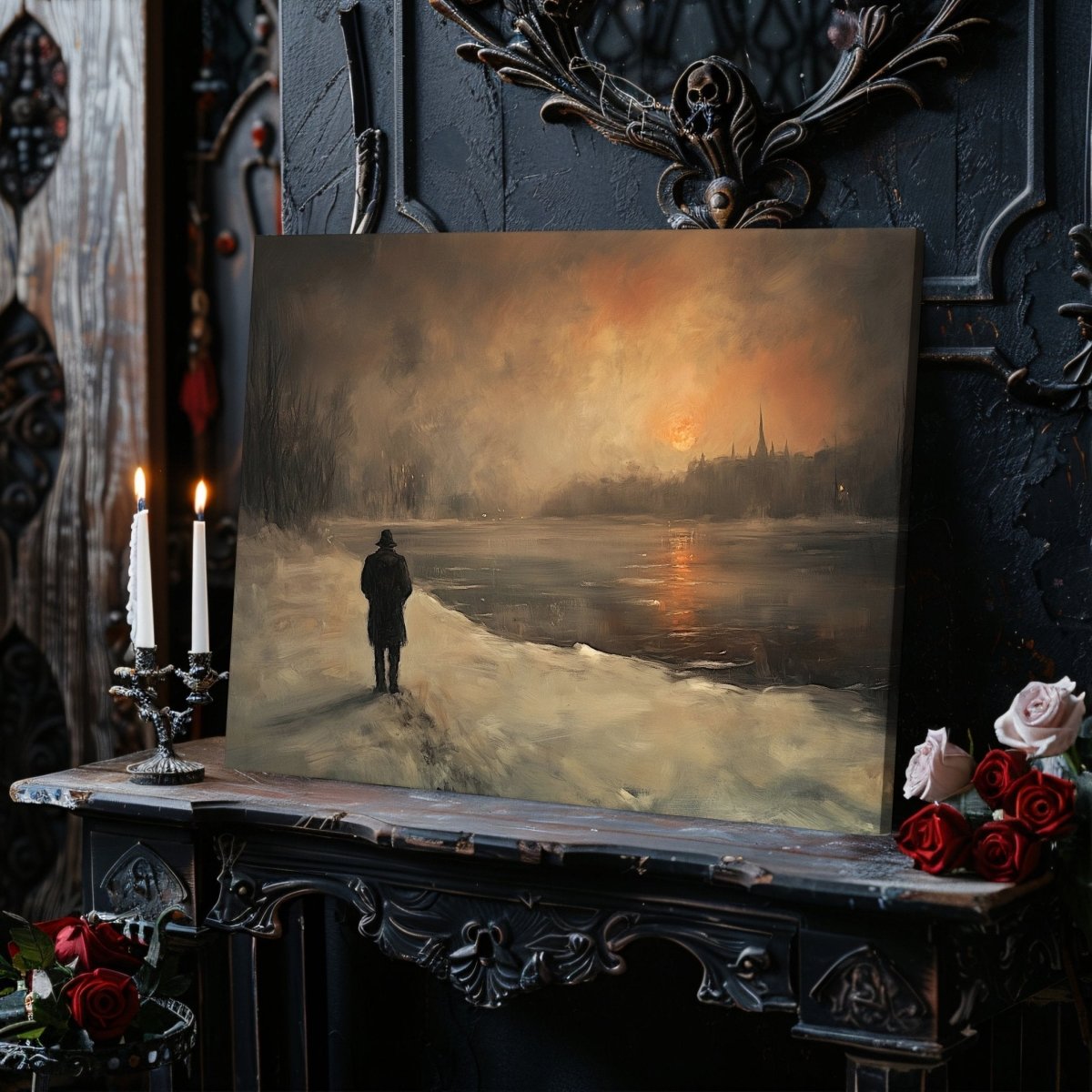 Solitary Winter Path Canvas Print – Man by Frozen River with Fiery Sunset and Church Spires, Winter Landscape - Everything Pixel