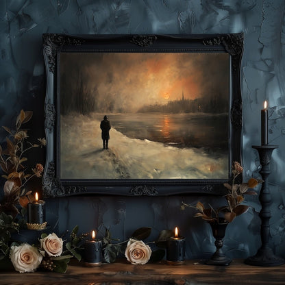 Solitary Winter Walk Wall Art Print – Man by Frozen River at Dusk with Fiery Sunset - Everything Pixel