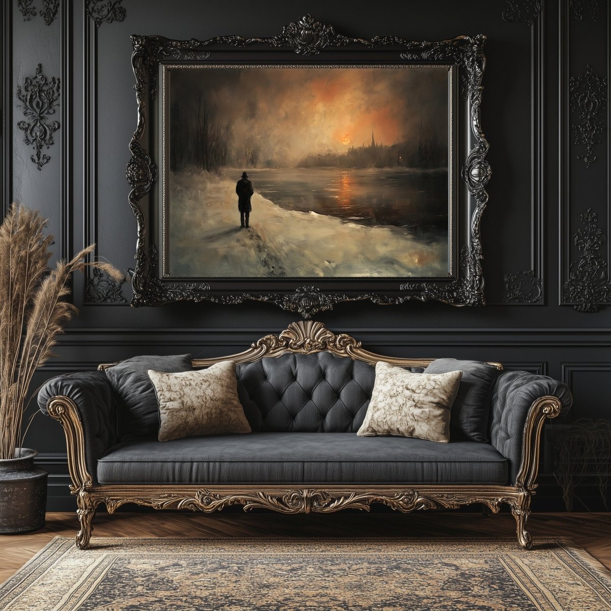 Solitary Winter Walk Wall Art Print – Man by Frozen River at Dusk with Fiery Sunset - Everything Pixel