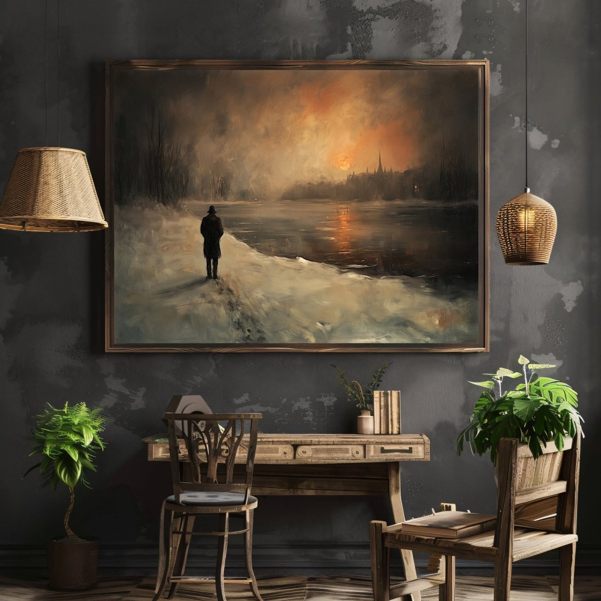 Solitary Winter Walk Wall Art Print – Man by Frozen River at Dusk with Fiery Sunset - Everything Pixel