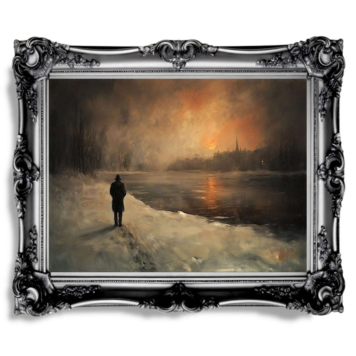 Solitary Winter Walk Wall Art Print – Man by Frozen River at Dusk with Fiery Sunset - Everything Pixel