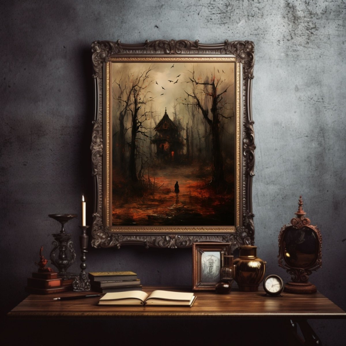 Spooky Autumn Witch Cottage Wall Art Moody Woodland Fairytale Dark Fall Cottagecore Artwork Gothic Painting Witchy Horror Art Paper Poster Prints - Everything Pixel