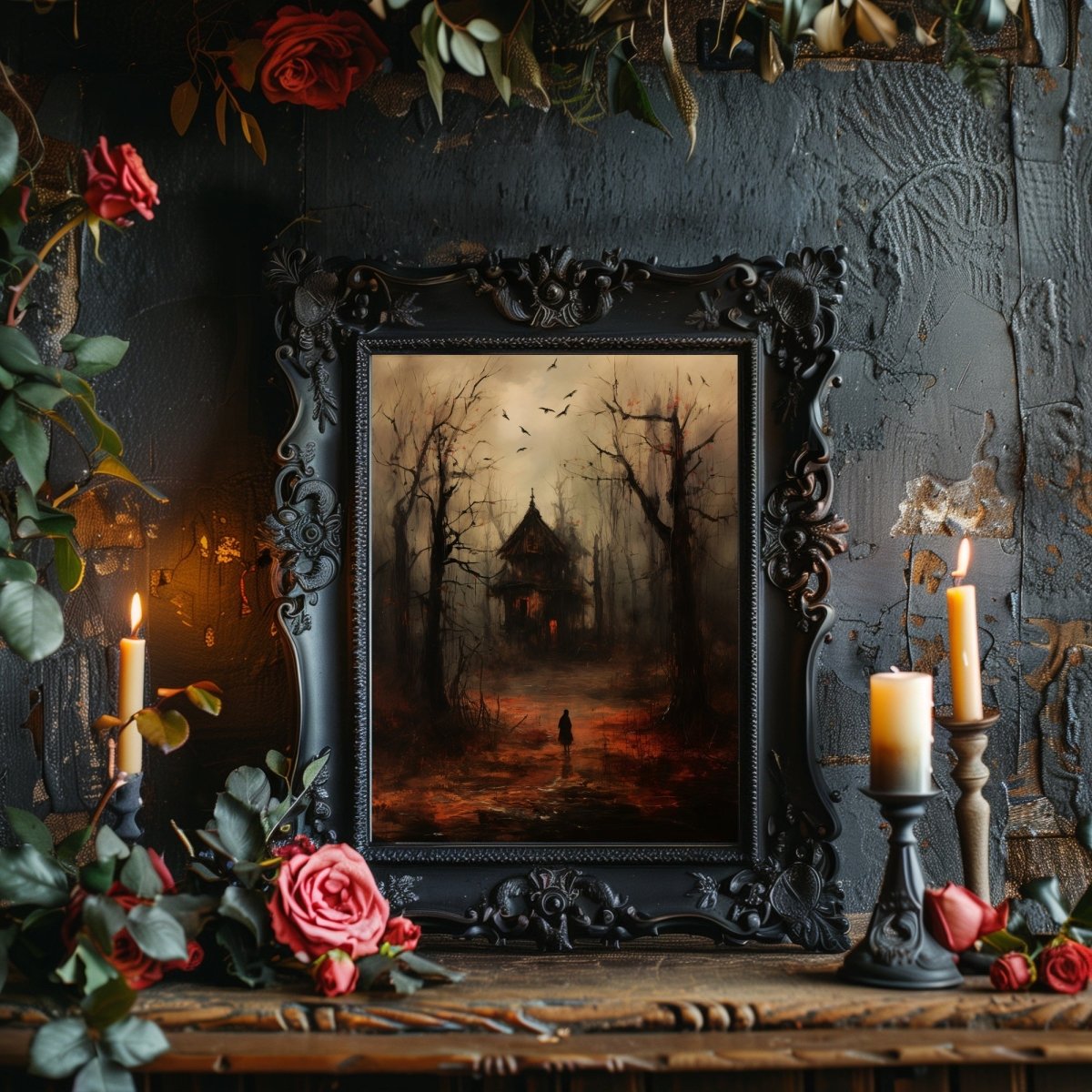 Spooky Autumn Witch Cottage Wall Art Moody Woodland Fairytale Dark Fall Cottagecore Artwork Gothic Painting Witchy Horror Art Paper Poster Prints - Everything Pixel