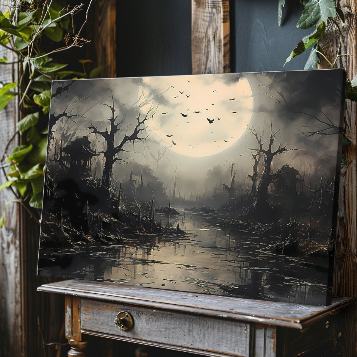 Spooky Swamp with Dead Trees and Flying Bats at Full Moon - Witchy Halloween Decor - Canvas Wall Art Print - Everything Pixel