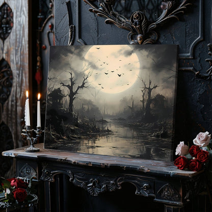 Spooky Swamp with Dead Trees and Flying Bats at Full Moon - Witchy Halloween Decor - Canvas Wall Art Print - Everything Pixel