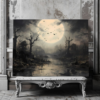 Spooky Swamp with Dead Trees and Flying Bats at Full Moon - Witchy Halloween Decor - Canvas Wall Art Print - Everything Pixel