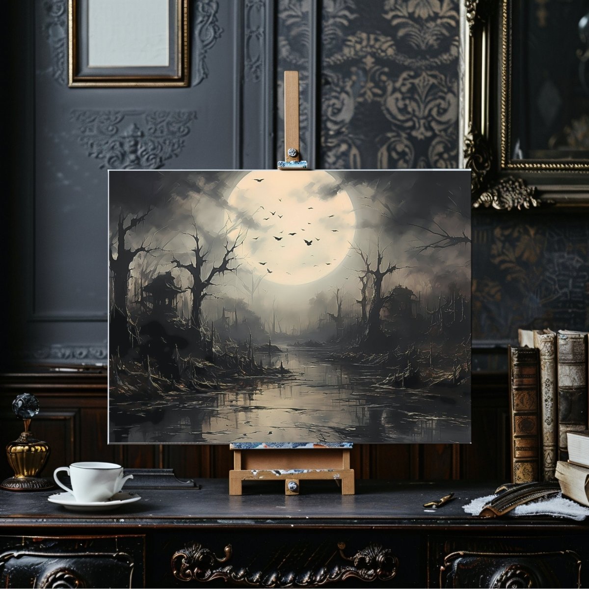 Spooky Swamp with Dead Trees and Flying Bats at Full Moon - Witchy Halloween Decor - Canvas Wall Art Print - Everything Pixel