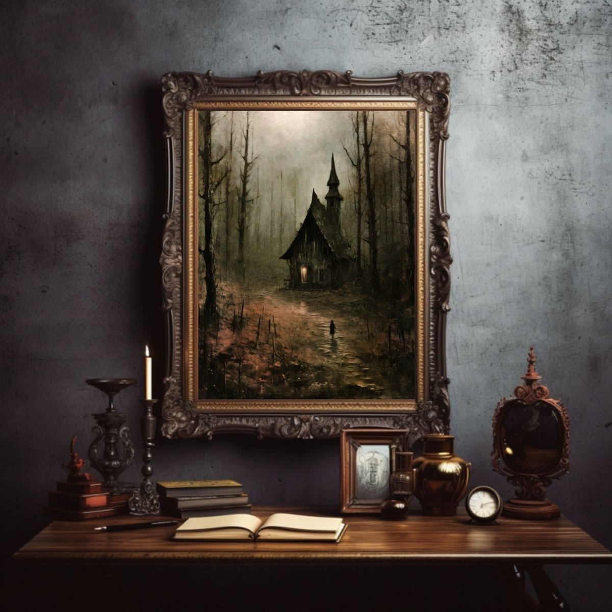 Spooky Witch Cottage Wall Art Moody Woodland Fairytale Dark Cottagecore Artwork Gothic Painting Witchy Art Horror Decoration Paper Poster Print - Everything Pixel