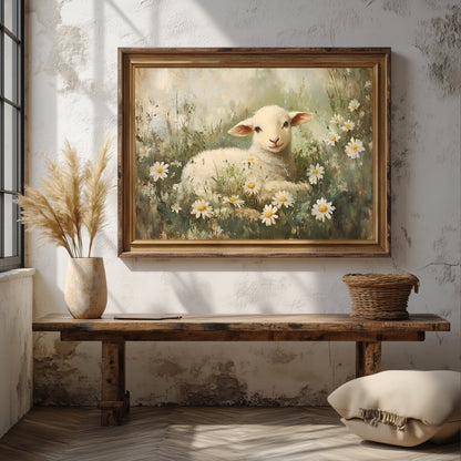 Spring Lamb and Daisies Wall Art Print – Rustic Easter Countryside Decor - Everything Pixel