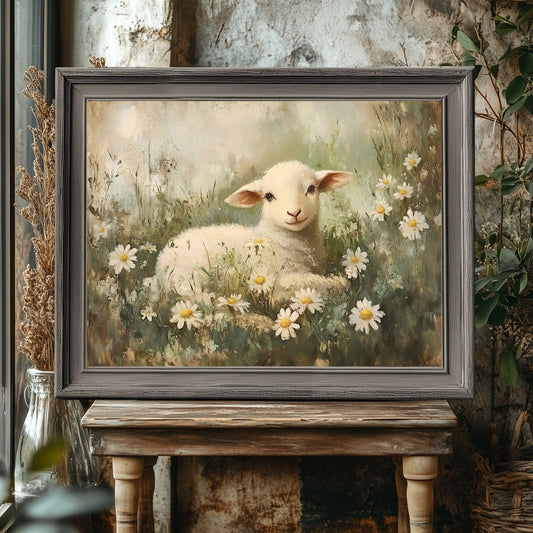 Spring Lamb and Daisies Wall Art Print – Rustic Easter Countryside Decor - Everything Pixel