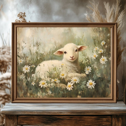 Spring Lamb and Daisies Wall Art Print – Rustic Easter Countryside Decor - Everything Pixel