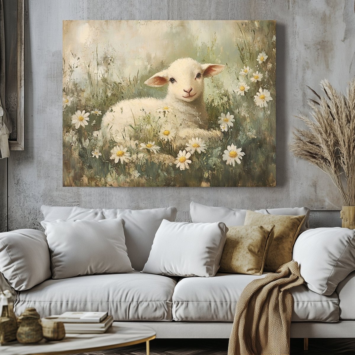 Spring Lamb Canvas Print with Daisies – Rustic Easter Farmhouse Decor - Everything Pixel