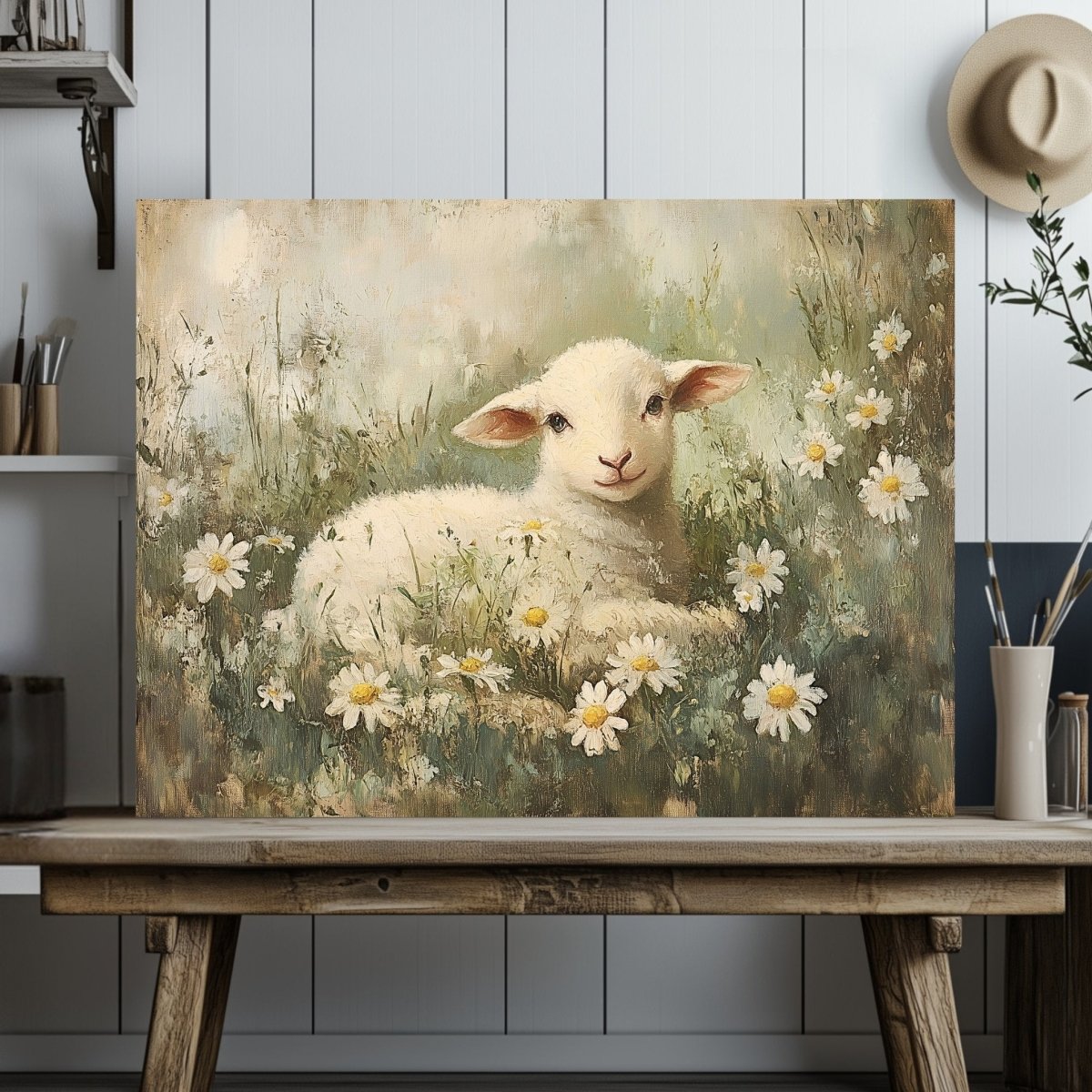 Spring Lamb Canvas Print with Daisies – Rustic Easter Farmhouse Decor - Everything Pixel