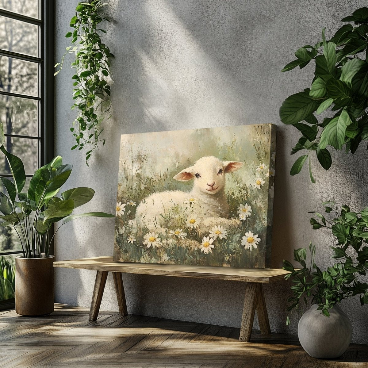 Spring Lamb Canvas Print with Daisies – Rustic Easter Farmhouse Decor - Everything Pixel