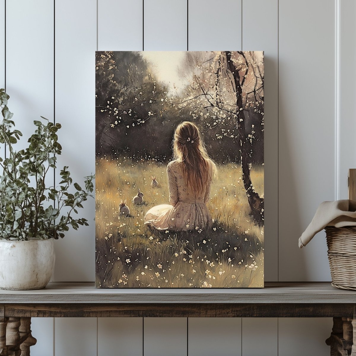 Spring Meadow Canvas Print – Floral Dress Woman, Bunnies, and Cherry Blossoms - Everything Pixel