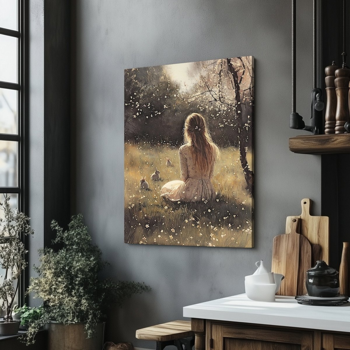 Spring Meadow Canvas Print – Floral Dress Woman, Bunnies, and Cherry Blossoms - Everything Pixel