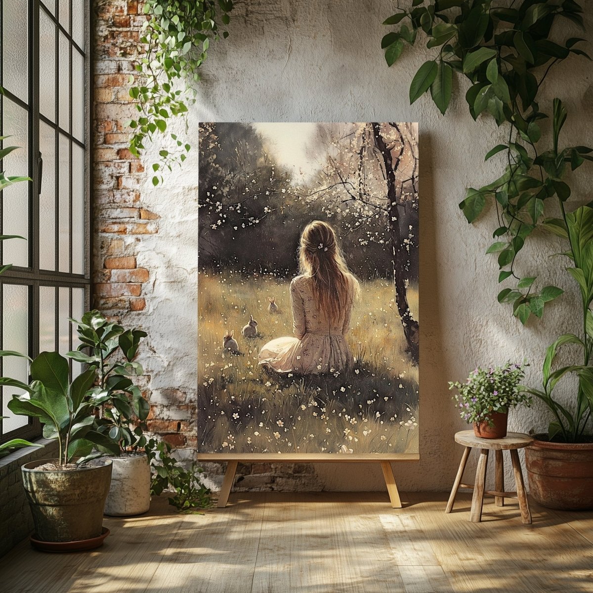 Spring Meadow Canvas Print – Floral Dress Woman, Bunnies, and Cherry Blossoms - Everything Pixel