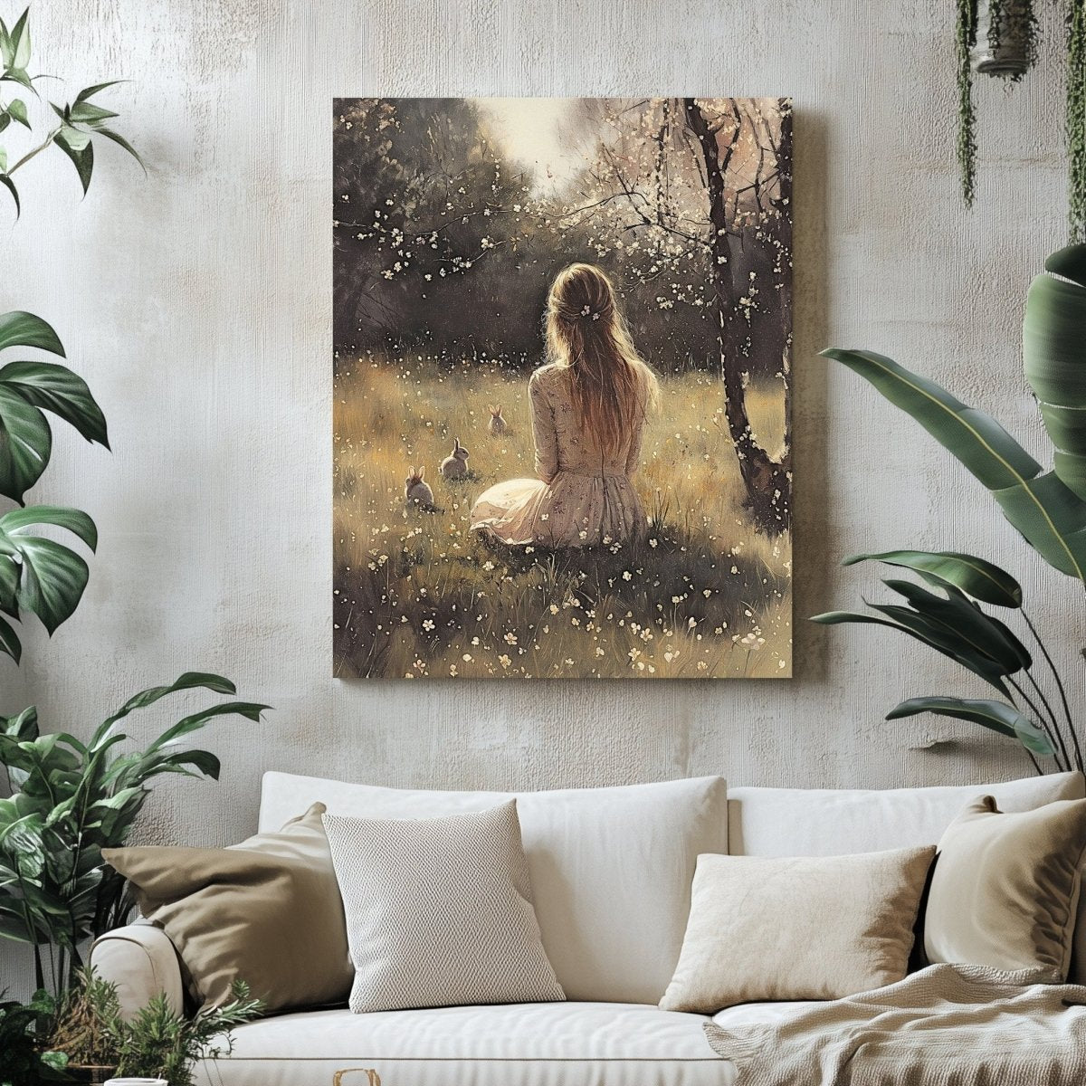 Spring Meadow Canvas Print – Floral Dress Woman, Bunnies, and Cherry Blossoms - Everything Pixel