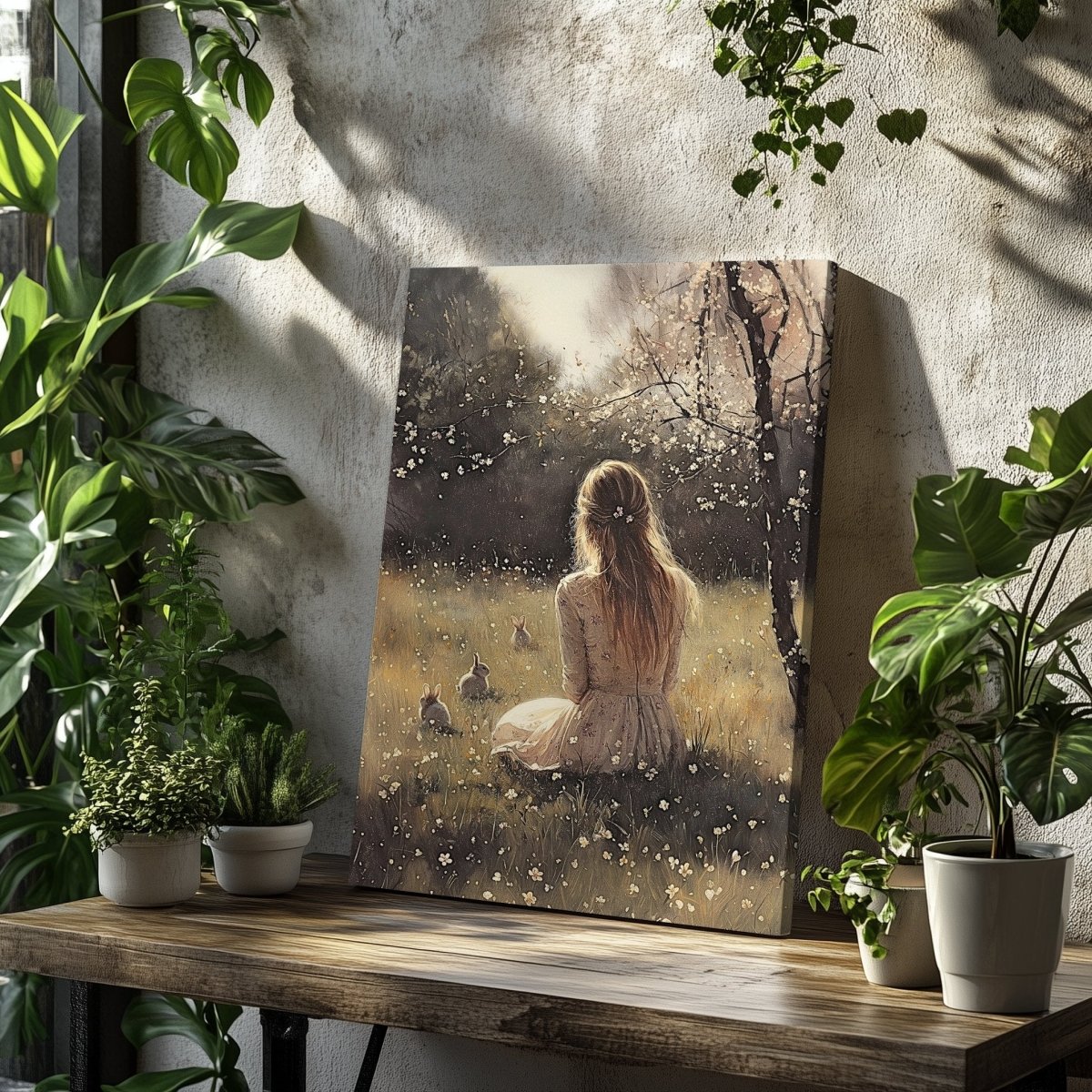 Spring Meadow Canvas Print – Floral Dress Woman, Bunnies, and Cherry Blossoms - Everything Pixel