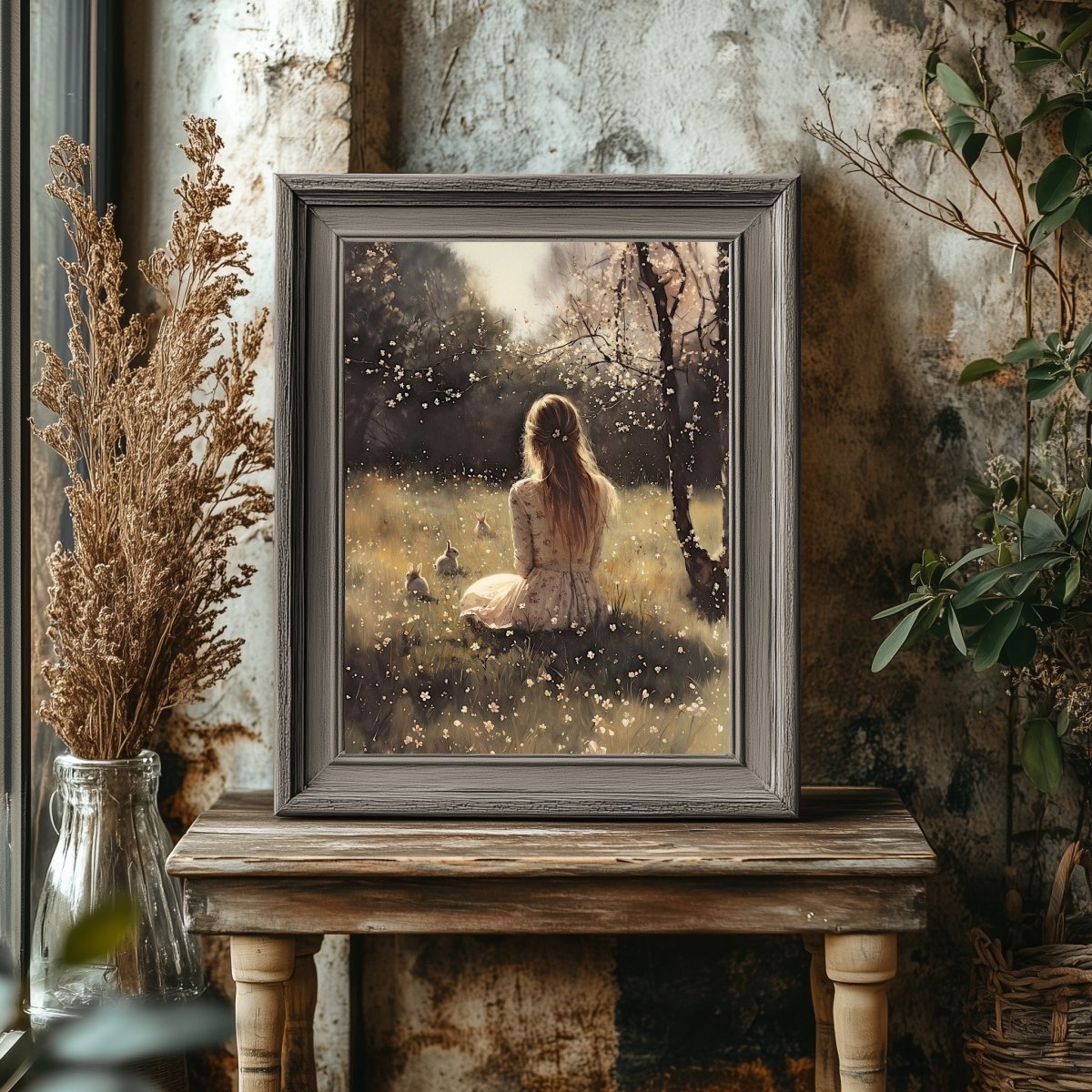 Spring Meadow Wall Art Print – Woman, Bunnies, and Cherry Blossoms Pastoral Decor - Everything Pixel