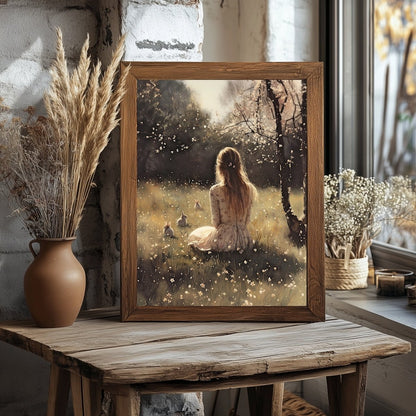 Spring Meadow Wall Art Print – Woman, Bunnies, and Cherry Blossoms Pastoral Decor - Everything Pixel