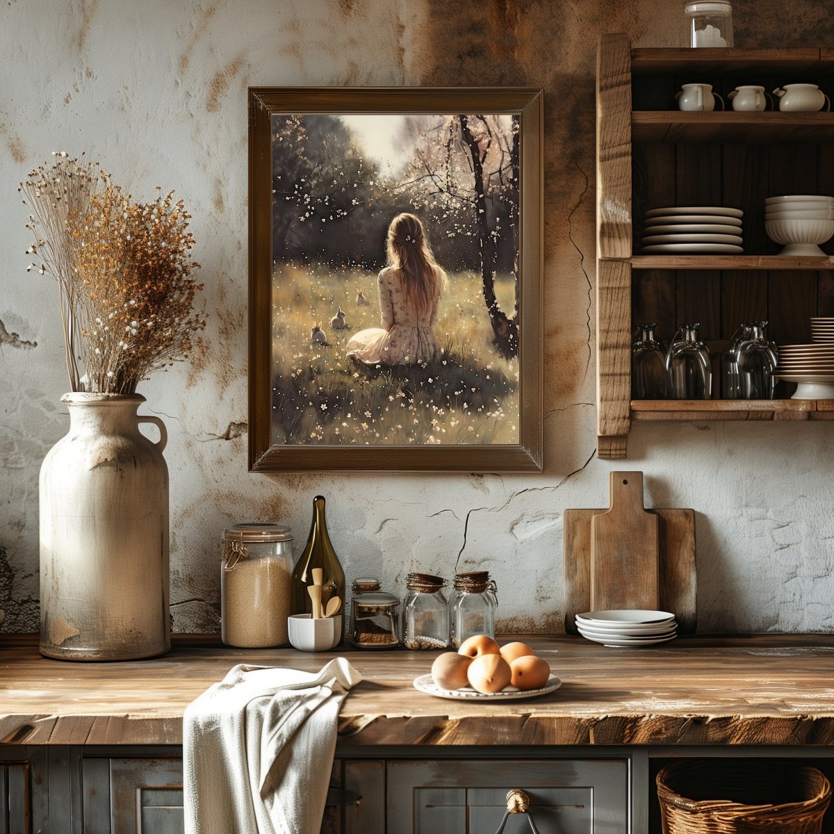 Spring Meadow Wall Art Print – Woman, Bunnies, and Cherry Blossoms Pastoral Decor - Everything Pixel