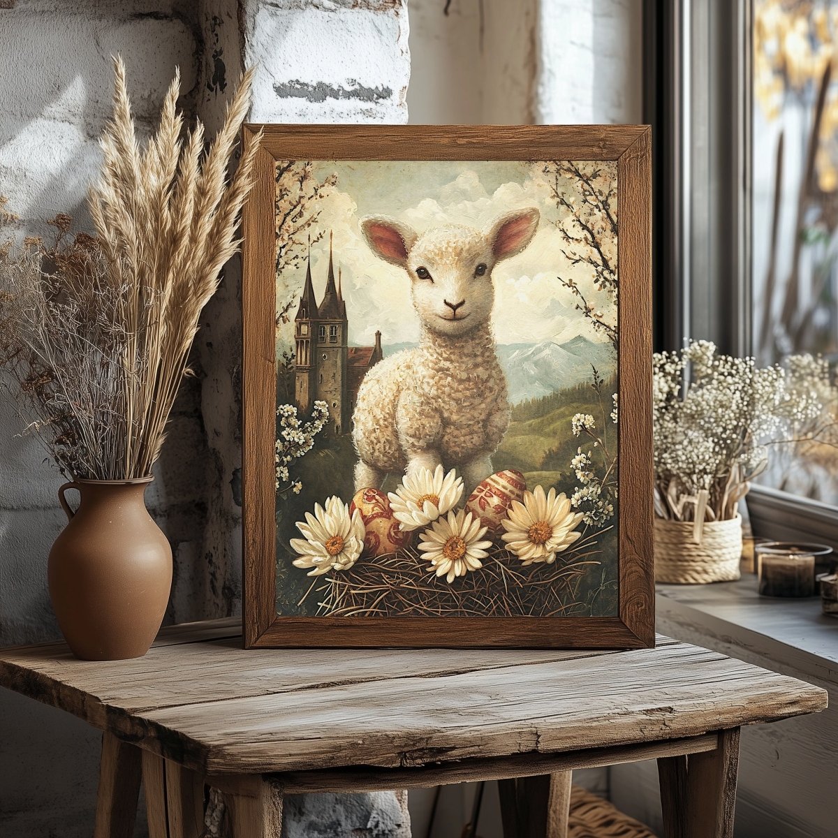 Spring Mountain Lamb with Easter Eggs - Vintage Wall Art Print - Everything Pixel