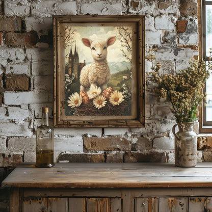 Spring Mountain Lamb with Easter Eggs - Vintage Wall Art Print - Everything Pixel