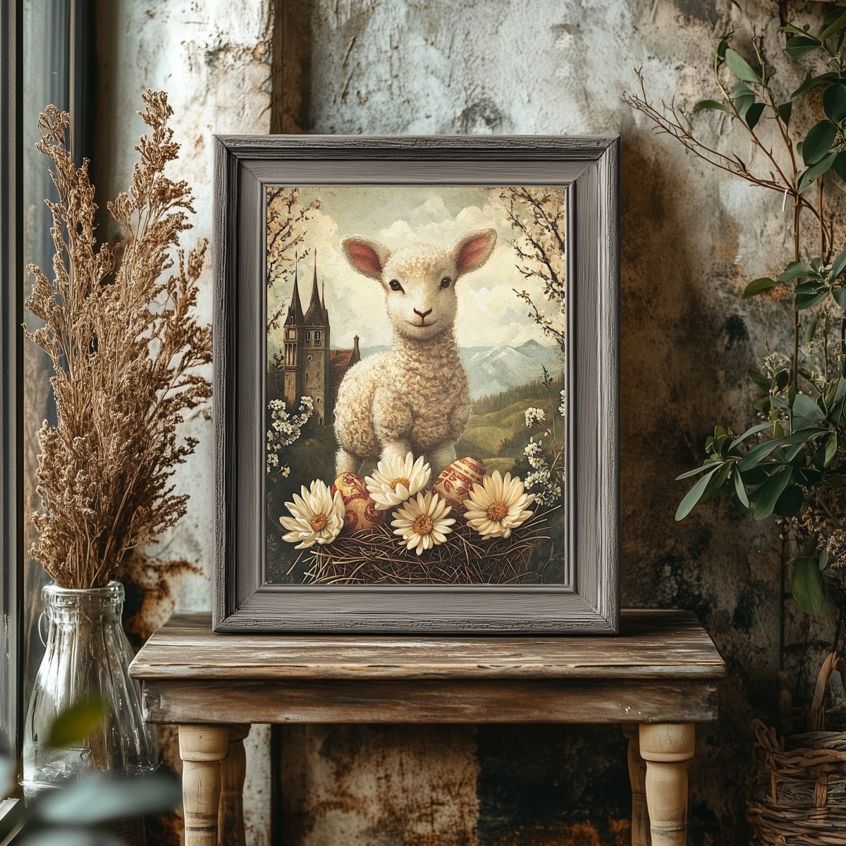 Spring Mountain Lamb with Easter Eggs - Vintage Wall Art Print - Everything Pixel